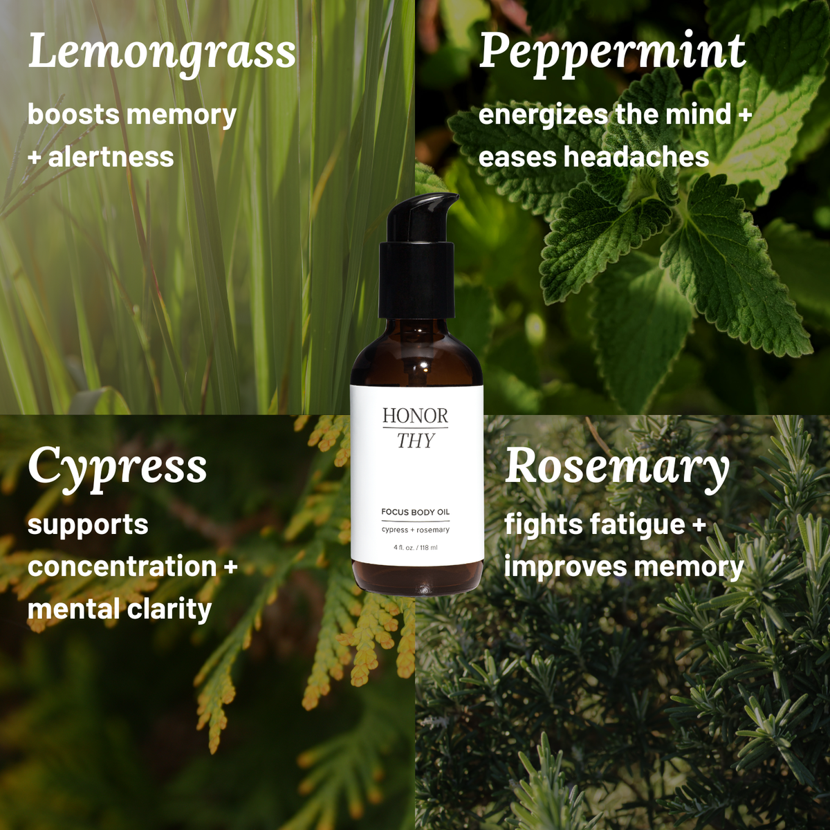 Focusing and Uplifting Body Oil: Rosemary, Lemongrass, Peppermint, Cypress